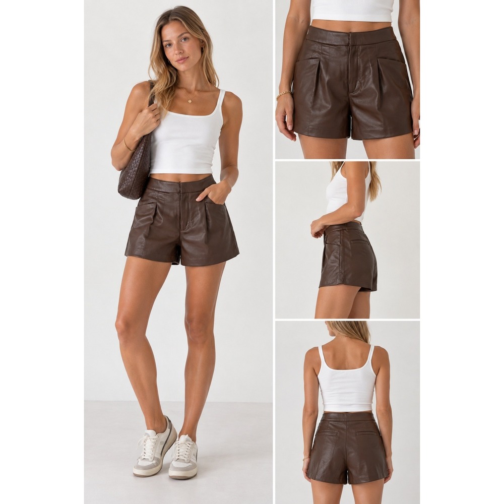 Zara Faux Leather Pleated Shorts Womens Size S Brown High Waist Welt Pockets